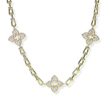 106506, 14K GOLD PLATED, TRIPLE FLOWER CLOVER PAVE CUBIC ZIRCONIA DESIGNER INSPIRED NECKLACE