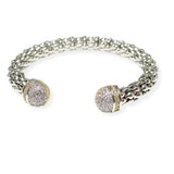 106510, 14K GOLD PLATED, HALF PAVE CUBIC ZIRCONIA BALL ACCENT DESIGNER INSPIRED CUFF BRACELET