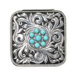 106523, WESTERN THEMED TURQUOISE ACCENT ENGRAVED FAUX LEATHER SQUARE JEWELRY BOX