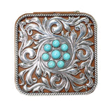 106523, WESTERN THEMED TURQUOISE ACCENT ENGRAVED FAUX LEATHER SQUARE JEWELRY BOX