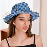 106626, CHECKERED FRAYED ACCENT DENIM FEDORA HAT