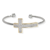 106646, 14K GOLD PLATED, CROSS PAVE CUBIC ZIRCONIA ACCENT DESIGNER INSPIRED CUFF BRACELET