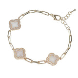 106660, 14K GOLD PLATED, TRIPLE MOTHER OF PEARL CLOVER, PAVE CUBIC ZIRCONIA DESIGNER INSPIRED BRACELET