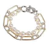 106663, 14K GOLD PLATED, PEARL WITH CHAIN DESIGNER INSPIRED TOGGLE BRACELET