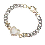 106667, 14K GOLD PLATED, HEART MOTHER OF PEARL, PAVE CUBIC ZIRCONIA ACCENT DESIGNER INSPIRED CHAIN BRACELET