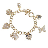 106668, 14K GOLD PLATED, ELEPHANT, HEART, BUTTERFLY, CLOVER, PEARL PAVE CUBIC ZIRCONIA MULTI CHARM BRACELET
