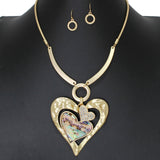 106687, HAMMERED HEART WITH ABALONE, PAVE RHINESTONE ACCENT NECKLACE