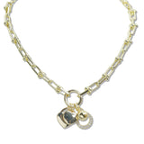107718, 14K GOLD PLATED HEART CUTOUT ROUND CUBIC ZIRCONIA BALL MULTI CHARM NECKLACE