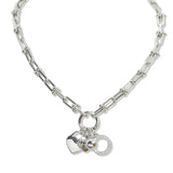 107718, 14K GOLD PLATED HEART CUTOUT ROUND CUBIC ZIRCONIA BALL MULTI CHARM NECKLACE