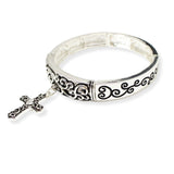 106717, CROSS FILIGREE ENGRAVED CHARM STRETCH BRACELET