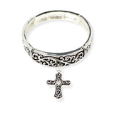 106717, CROSS FILIGREE ENGRAVED CHARM STRETCH BRACELET