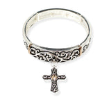 106717, CROSS FILIGREE ENGRAVED CHARM STRETCH BRACELET