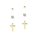 106726, 3 PAIRS, DAINTY BALL, CRYSTAL RHINESTONE, CROSS STUD EARRING SET