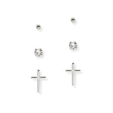 106726, 3 PAIRS, DAINTY BALL, CRYSTAL RHINESTONE, CROSS STUD EARRING SET