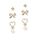 106728, 3 PAIRS, CLOVER, RIBBON BOW, HEART WITH FRESHWATER PEARL STUD EARRING SET