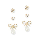 106729, 3 PAIRS, FLOWER, HEART, RIBBON BOW WITH FRESHWATER PEARL STUD EARRING SET