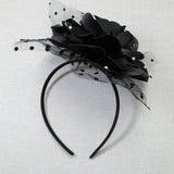 106759, POLKA DOT ACCENT PEARL FLOWER MESH FASCINATOR HEADBAND