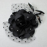 106759, POLKA DOT ACCENT PEARL FLOWER MESH FASCINATOR HEADBAND