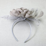 106759, POLKA DOT ACCENT PEARL FLOWER MESH FASCINATOR HEADBAND