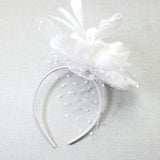 106759, POLKA DOT ACCENT PEARL FLOWER MESH FASCINATOR HEADBAND