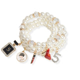 106763, NUMBER 5, PERFUME BOTTLE, HIGH HEEL, LIPSTICK CHARMS MULTI LAYERED PEARL BEADED STRETCH BRACELET