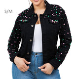 106772, PINK AND GREEN STUDDED PEARL WITH BLING CRYSTAL EMBELLISHED DENIM JACKET