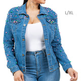 106774, PINK AND GREEN STUDDED PEARL WITH BLING CRYSTAL EMBELLISHED DENIM JACKET