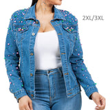 106774, PINK AND GREEN STUDDED PEARL WITH BLING CRYSTAL EMBELLISHED DENIM JACKET
