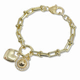 107639, 14K GOLD PLATED HEART ROUND BALL CHARM DESIGNER INSPIRED BRACELET