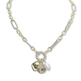 107615, 14K GOLD PLATED HEART CROSS CUTOUT ROUND CUBIC ZIRCONIA PEARL MULTI CHARM NECKLACE