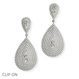 103816, BIG TEARDROP PEARL, CRYSTAL RHINESTONE ACCENT DANGLE CLIP ON EARRING