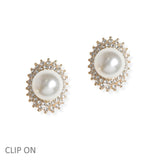 106819, PAVE CRYSTAL RHINESTONE ACCENT PEARL STUD CLIP ON EARRING