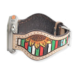 106823, 38MM-41MM, WESTERN THEMED SUNFLOWER ENGRAVED LEATHER APPLE WATCH BAND