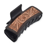 106829, WESTERN THEMED EMBOSSED LEATHER RECTANGULAR GRANDER HAIR CLAW