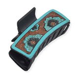 106830, WESTERN FLOWER EMBOSSED LEATHER RECTANGULAR GRANDER HAIR CLAW