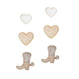 106856, 3 PAIRS, ENAMEL, DRUZY HEART, COWBOY BOOTS STUD EARRING SET