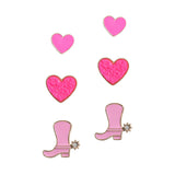 106856, 3 PAIRS, ENAMEL, DRUZY HEART, COWBOY BOOTS STUD EARRING SET