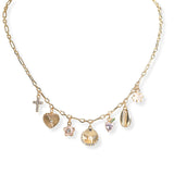 106859, SEASHELL, CROSS, FLOWER, CROSS, HEART MULTI CHARM NECKLACE