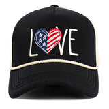 106891, LOVE, HEART USA FLAG, EMBROIDERED MESH TRUCKER HAT