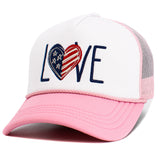 106891, LOVE, HEART USA FLAG, EMBROIDERED MESH TRUCKER HAT