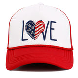 106891, LOVE, HEART USA FLAG, EMBROIDERED MESH TRUCKER HAT