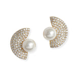 106914, GOLD DIPPED, PEARL ACCENT PAVE CUBIC ZIRCONIA STUD EARRING