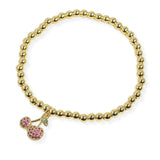 106922, PAVE CHERRY CHARM STAINLESS STEEL BEADED STRETCH BRACELET