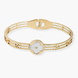 106926, MOTHER OF PEARL CLOVER ACCENT STAINLESS STEEL DESIGNER INSPIRED BRACELET