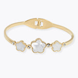 106927, TRIPLE FLOWER CLOVER ACCENT STAINLESS STEEL DESIGNER INSPIRED BRACELET