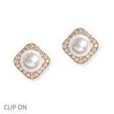 106938, PEARL ACCENT PAVE CUBIC ZIRCONIA STUD CLIP ON EARRING