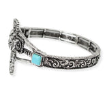 107004, WESTERN THEMED CROSS STEER HEAD ENGRAVED STRETCH BRACELET