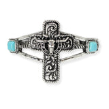 107004, WESTERN THEMED CROSS STEER HEAD ENGRAVED STRETCH BRACELET