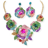 107020, ROSE FLOWER CRYSTAL RHINESTONE EVENING NECKLACE SET