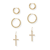 107025, 3 PAIRS, ROUND HOOPS, BALL ACCENT CROSS EARRING SET